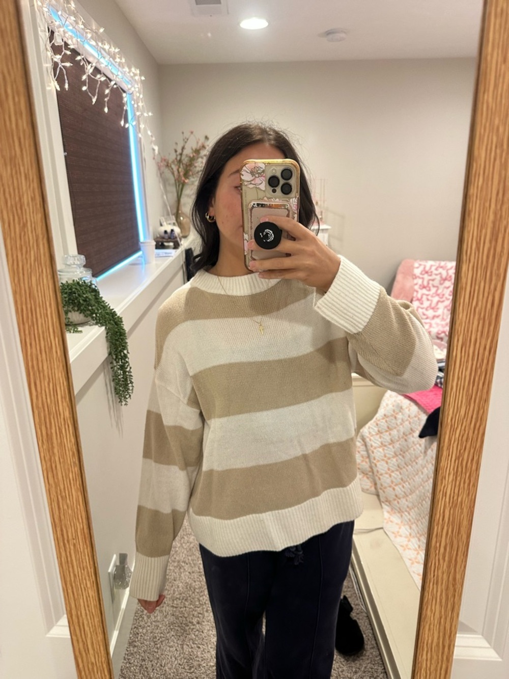 H&M Beige and Cream Striped Crewneck Sweater